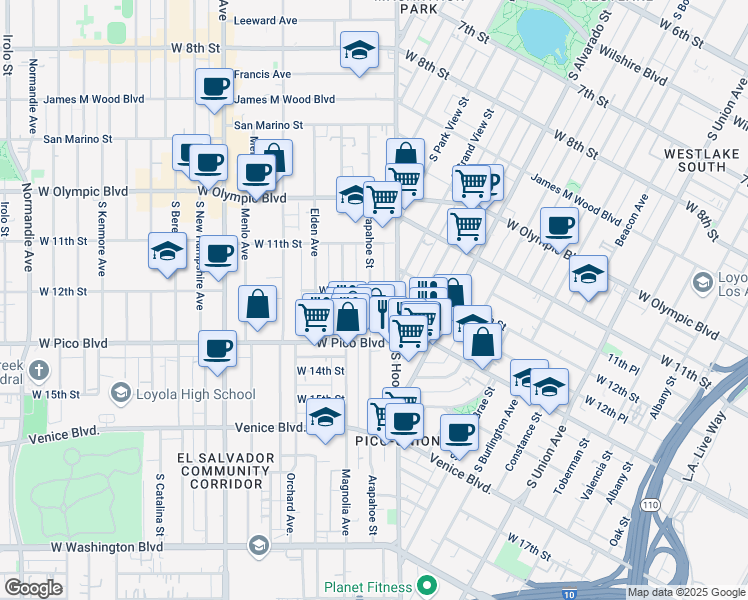 map of restaurants, bars, coffee shops, grocery stores, and more near 1221 Arapahoe Street in Los Angeles
