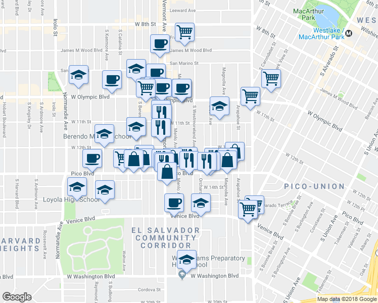 map of restaurants, bars, coffee shops, grocery stores, and more near 1220 Menlo Avenue in Los Angeles
