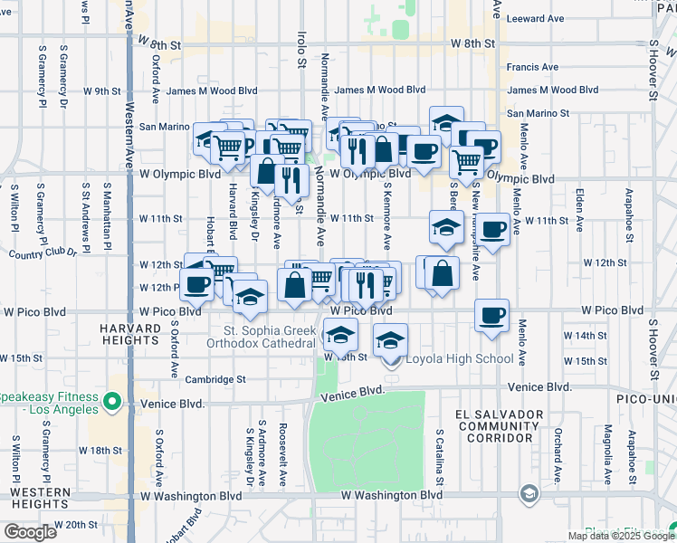 map of restaurants, bars, coffee shops, grocery stores, and more near 1223 South Mariposa Avenue in Los Angeles