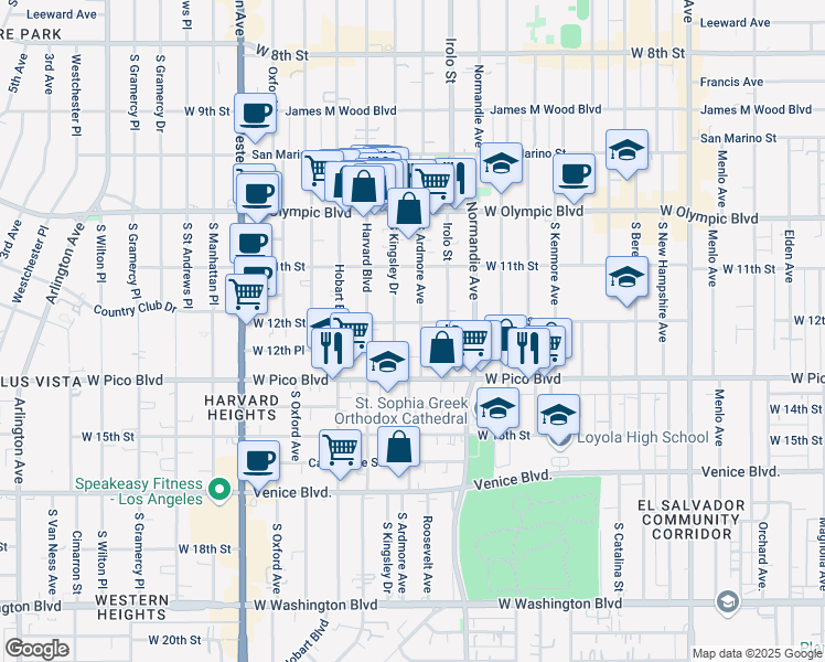 map of restaurants, bars, coffee shops, grocery stores, and more near 1218 South Ardmore Avenue in Los Angeles