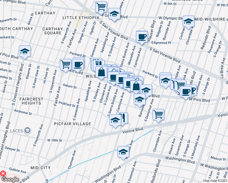 map of restaurants, bars, coffee shops, grocery stores, and more near 1426 South Sierra Bonita Avenue in Los Angeles