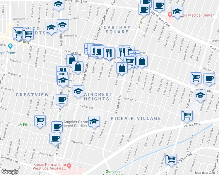 map of restaurants, bars, coffee shops, grocery stores, and more near 1550 Hi Point Street in Los Angeles