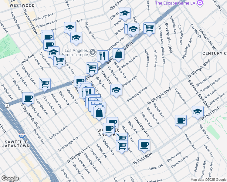map of restaurants, bars, coffee shops, grocery stores, and more near 10741 La Grange Avenue in Los Angeles