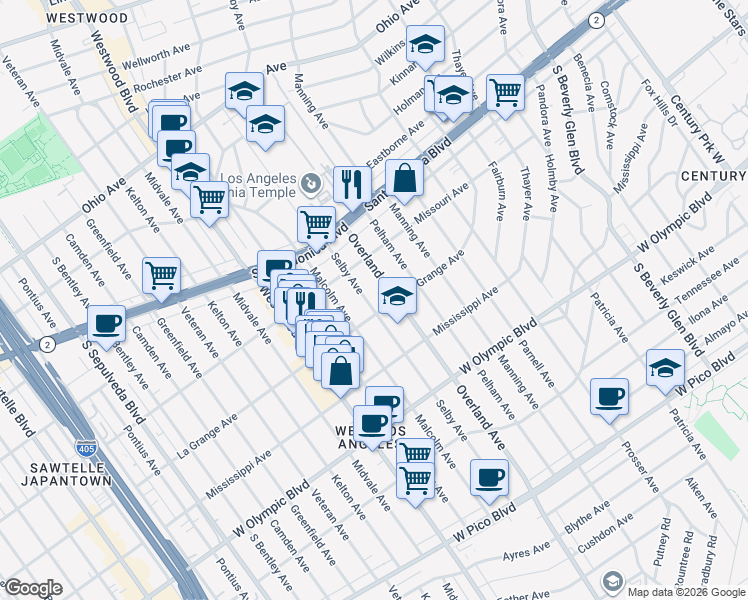 map of restaurants, bars, coffee shops, grocery stores, and more near 10741 La Grange Avenue in Los Angeles