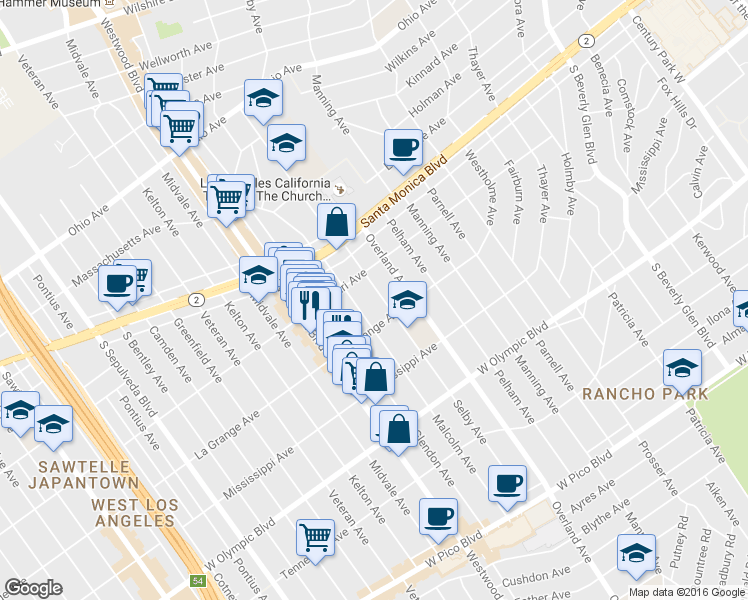 map of restaurants, bars, coffee shops, grocery stores, and more near 1940 Malcolm Avenue in Los Angeles
