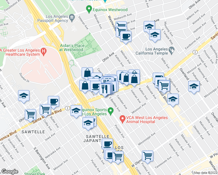 map of restaurants, bars, coffee shops, grocery stores, and more near 11037 California 2 in Los Angeles