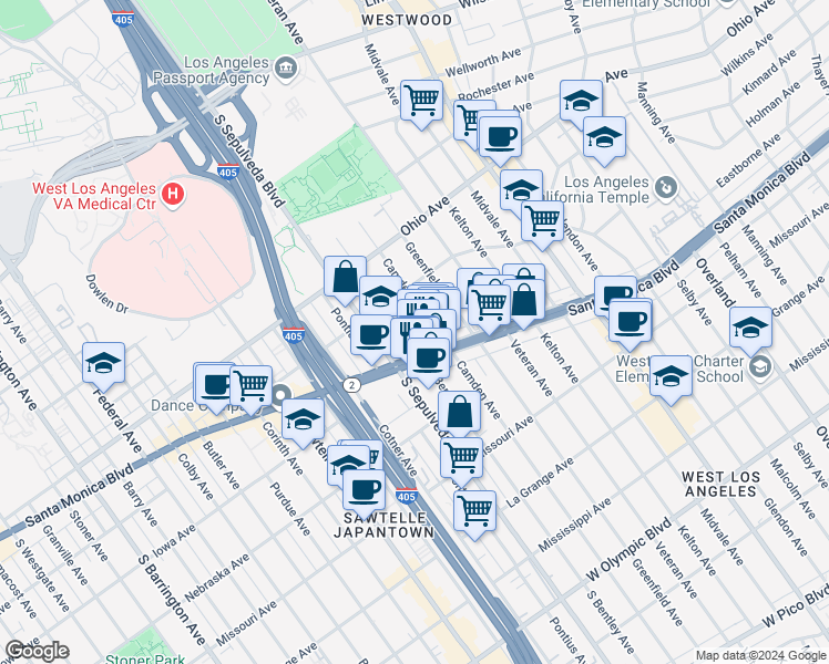map of restaurants, bars, coffee shops, grocery stores, and more near 11037 California 2 in Los Angeles