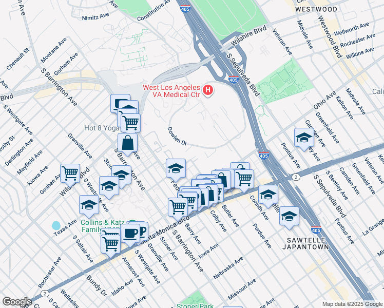 map of restaurants, bars, coffee shops, grocery stores, and more near 11511 Rochester Avenue in Los Angeles