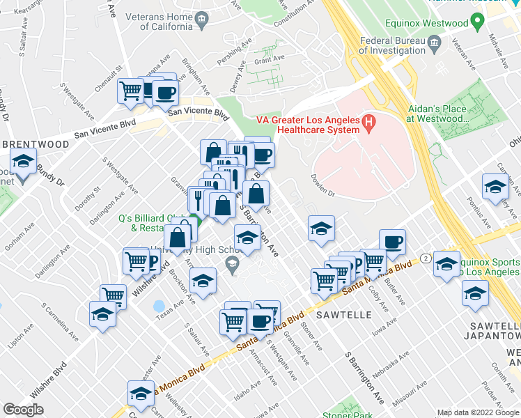 map of restaurants, bars, coffee shops, grocery stores, and more near 1242 South Barrington Avenue in Los Angeles