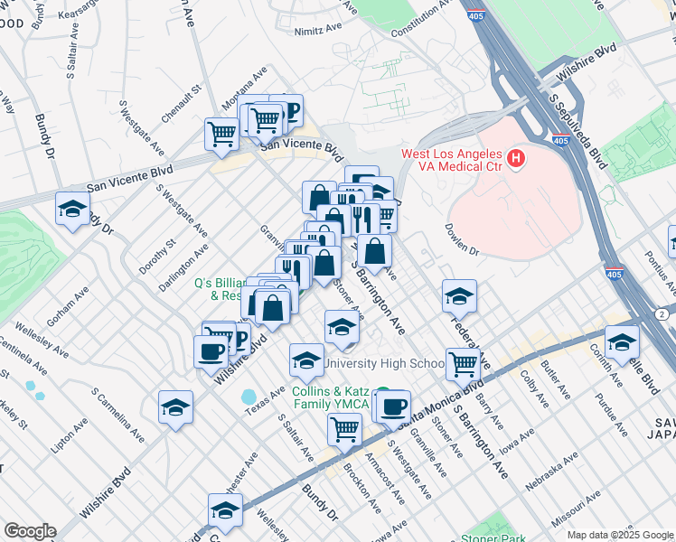 map of restaurants, bars, coffee shops, grocery stores, and more near 11740 Wilshire Boulevard in Los Angeles