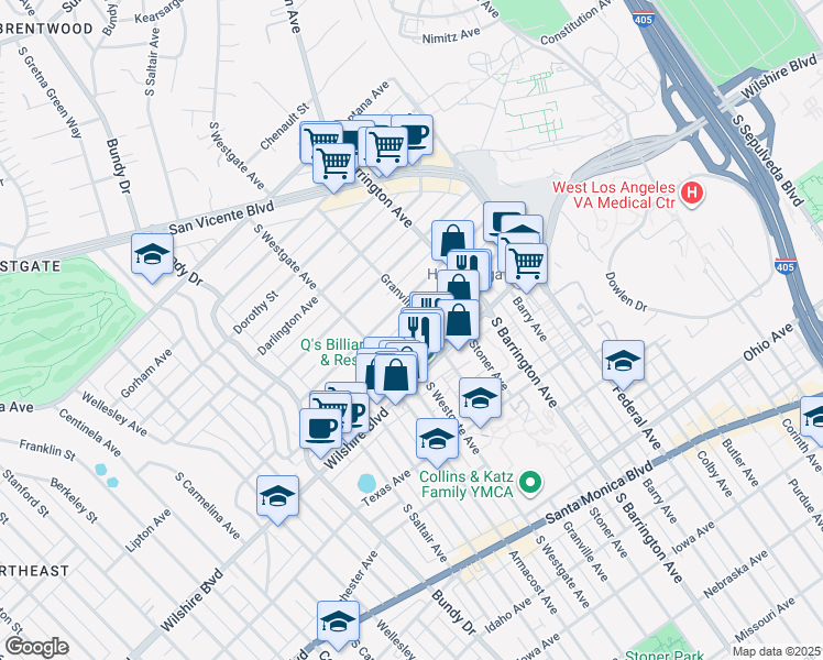map of restaurants, bars, coffee shops, grocery stores, and more near 11827 Goshen Avenue in Los Angeles