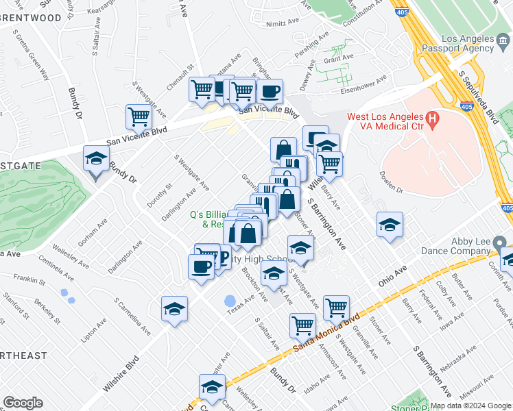 map of restaurants, bars, coffee shops, grocery stores, and more near 11827 Goshen Avenue in Los Angeles