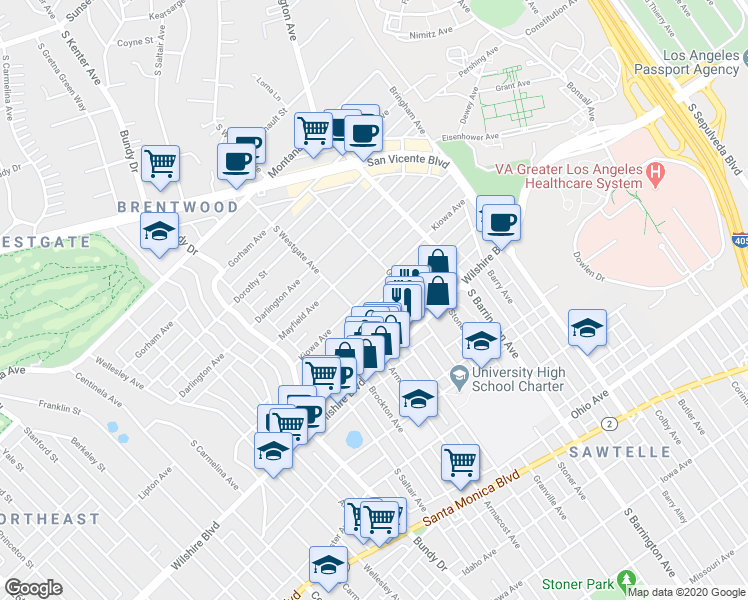 map of restaurants, bars, coffee shops, grocery stores, and more near 11848 Kiowa Avenue in Los Angeles