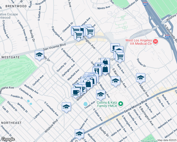 map of restaurants, bars, coffee shops, grocery stores, and more near 11848 Kiowa Avenue in Los Angeles