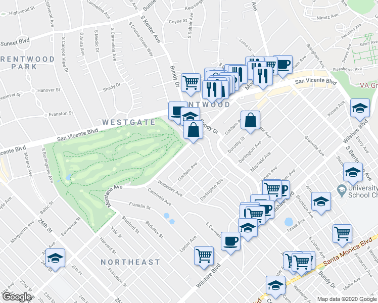 map of restaurants, bars, coffee shops, grocery stores, and more near 12240 Montana Avenue in Los Angeles
