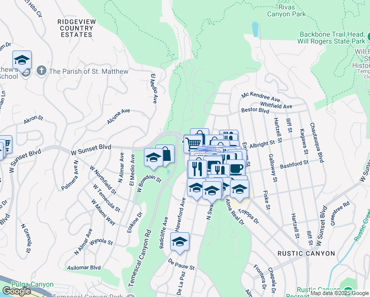 map of restaurants, bars, coffee shops, grocery stores, and more near 15510 Sunset Boulevard in Los Angeles