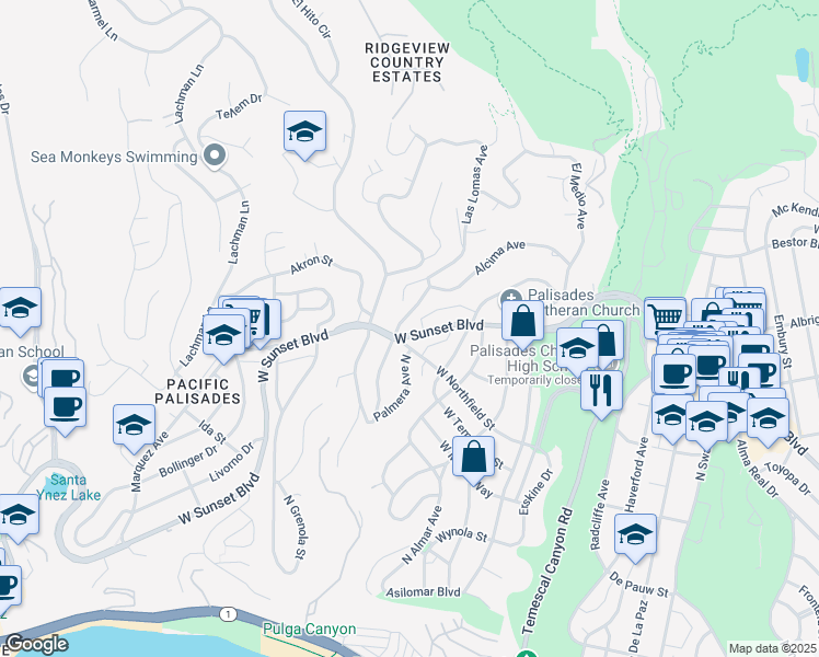 map of restaurants, bars, coffee shops, grocery stores, and more near 16168 Sunset Boulevard in Los Angeles