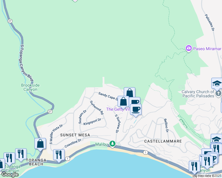 map of restaurants, bars, coffee shops, grocery stores, and more near 18063 Sandy Cape Drive in Los Angeles