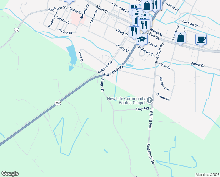 map of restaurants, bars, coffee shops, grocery stores, and more near 4265 Suggs Street in Loris
