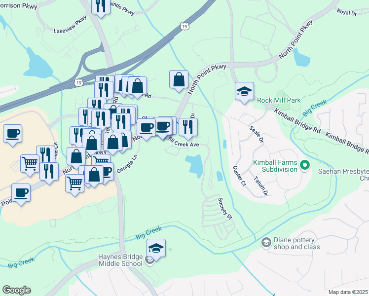 map of restaurants, bars, coffee shops, grocery stores, and more near 2748 Wander Lane in Alpharetta
