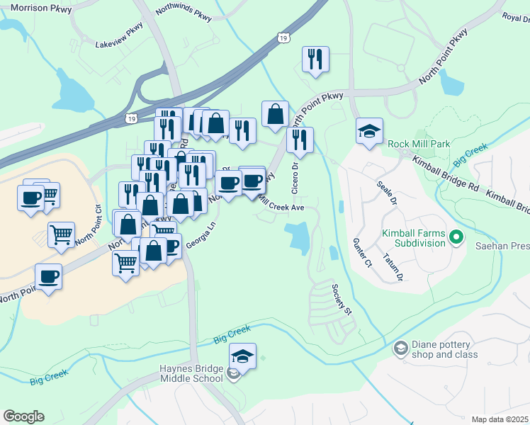 map of restaurants, bars, coffee shops, grocery stores, and more near 2556 Wander Trail in Alpharetta