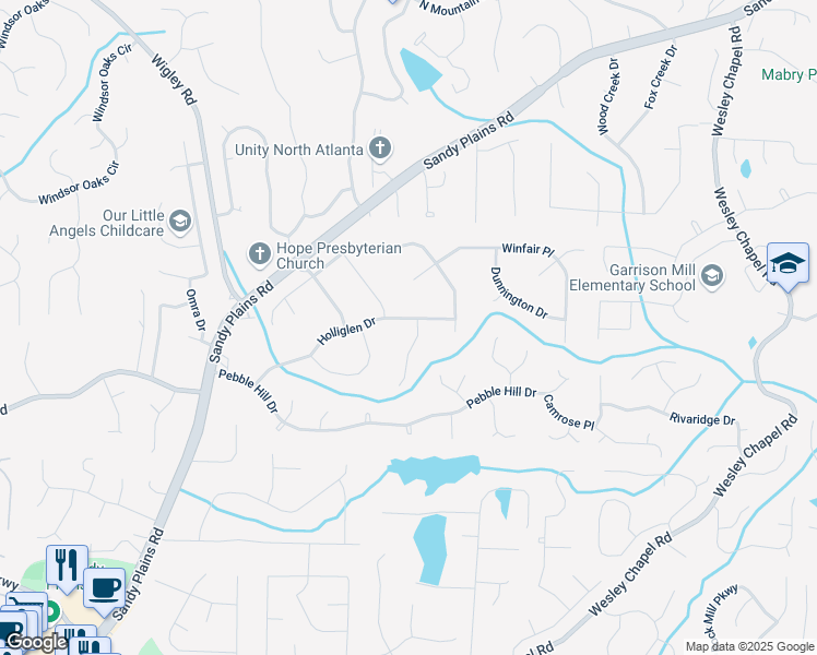 map of restaurants, bars, coffee shops, grocery stores, and more near 3510 Holliglen Drive in Marietta