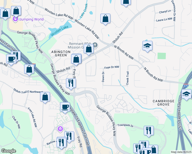 map of restaurants, bars, coffee shops, grocery stores, and more near 949 Shiloh Ridge Run Northwest in Kennesaw