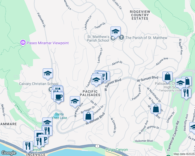 map of restaurants, bars, coffee shops, grocery stores, and more near 16650 Linda Terrace in Los Angeles