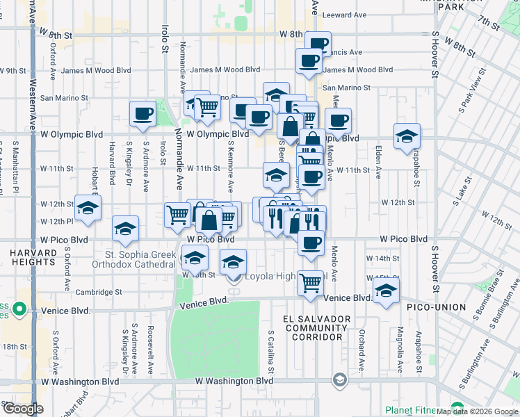 map of restaurants, bars, coffee shops, grocery stores, and more near 1220 South Catalina Street in Los Angeles