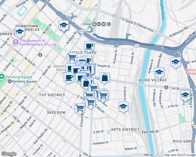 map of restaurants, bars, coffee shops, grocery stores, and more near 2 Rose Street in Los Angeles