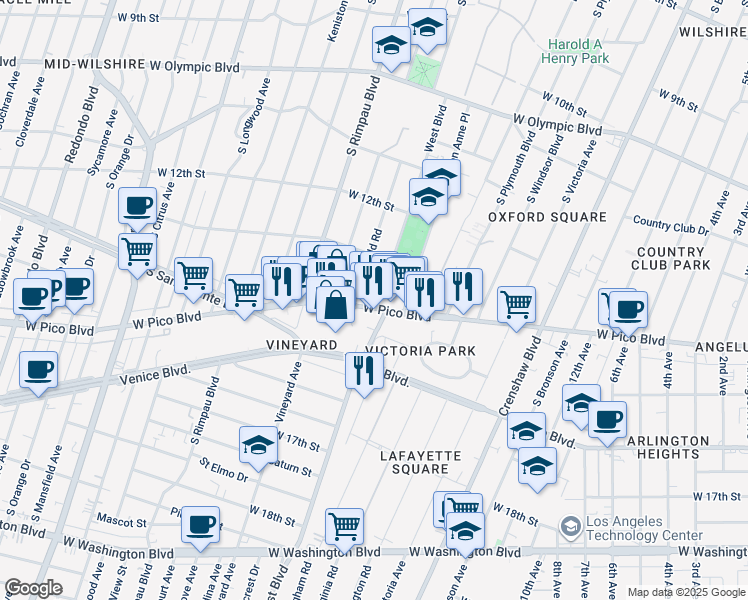 map of restaurants, bars, coffee shops, grocery stores, and more near 4505 West Pico Boulevard in Los Angeles