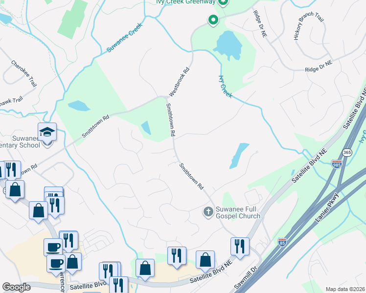 map of restaurants, bars, coffee shops, grocery stores, and more near 3463 Smithtown Road in Suwanee