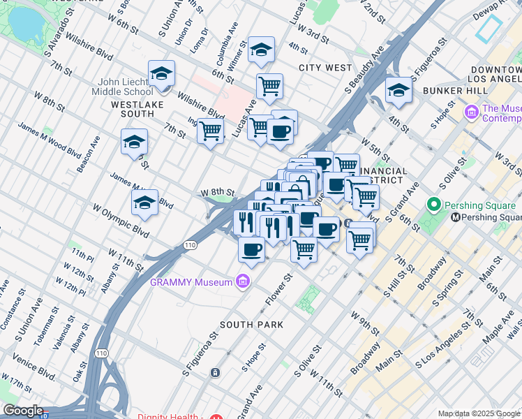 map of restaurants, bars, coffee shops, grocery stores, and more near 1000 West 8th Street in Los Angeles
