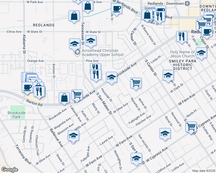 map of restaurants, bars, coffee shops, grocery stores, and more near 11 Hastings Street in Redlands