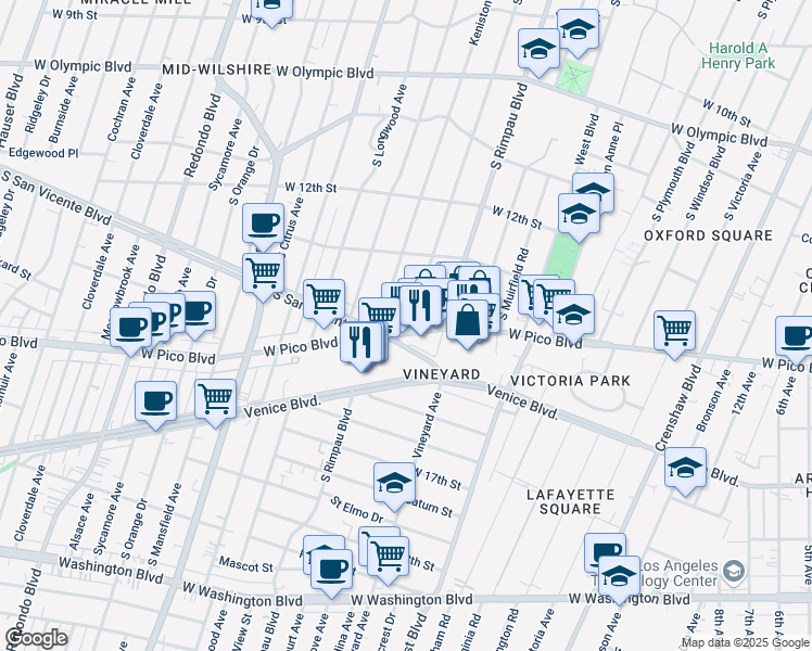map of restaurants, bars, coffee shops, grocery stores, and more near 4700 West Pico Boulevard in Los Angeles
