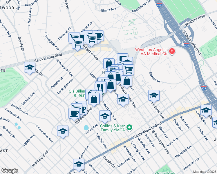 map of restaurants, bars, coffee shops, grocery stores, and more near 11785 Wilshire Boulevard in Los Angeles