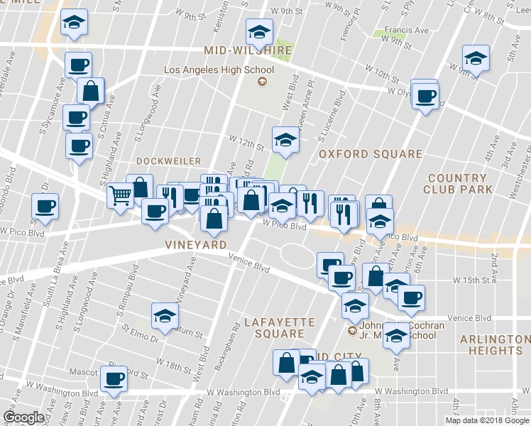 map of restaurants, bars, coffee shops, grocery stores, and more near 1291 Queen Anne Place in Los Angeles