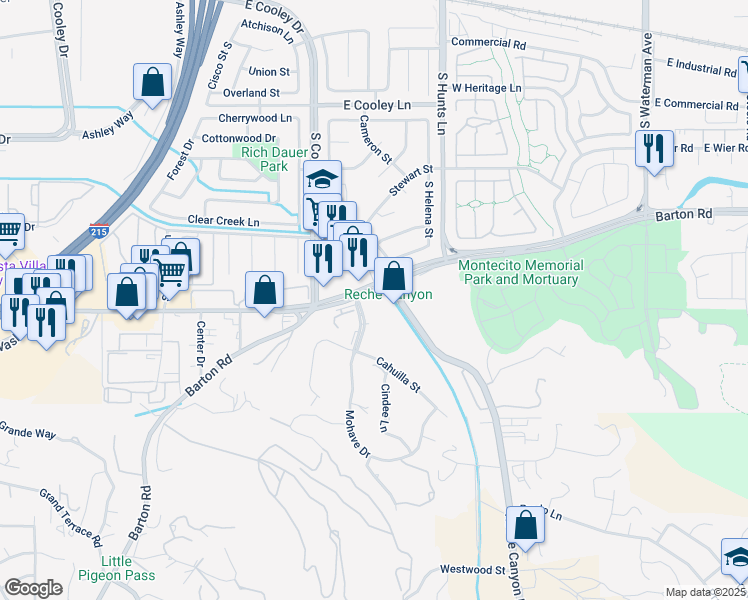 map of restaurants, bars, coffee shops, grocery stores, and more near 1144 Mohave Drive in Colton