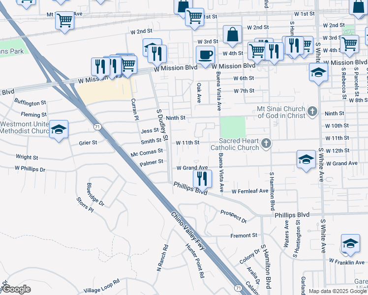 map of restaurants, bars, coffee shops, grocery stores, and more near 1450 West 11th Street in Pomona