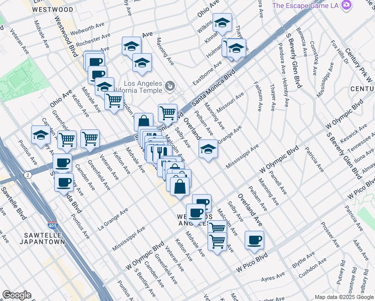 map of restaurants, bars, coffee shops, grocery stores, and more near 1933 Selby Avenue in Los Angeles