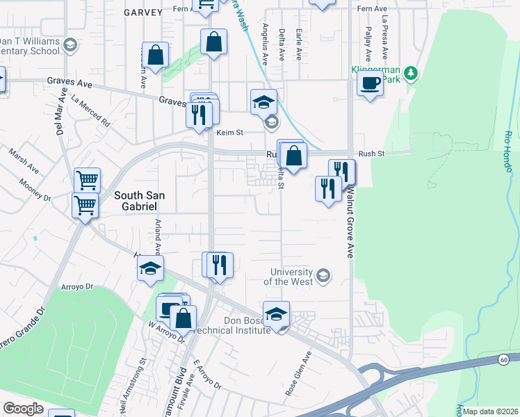 map of restaurants, bars, coffee shops, grocery stores, and more near 8347 Sierra Bonita Avenue in Rosemead