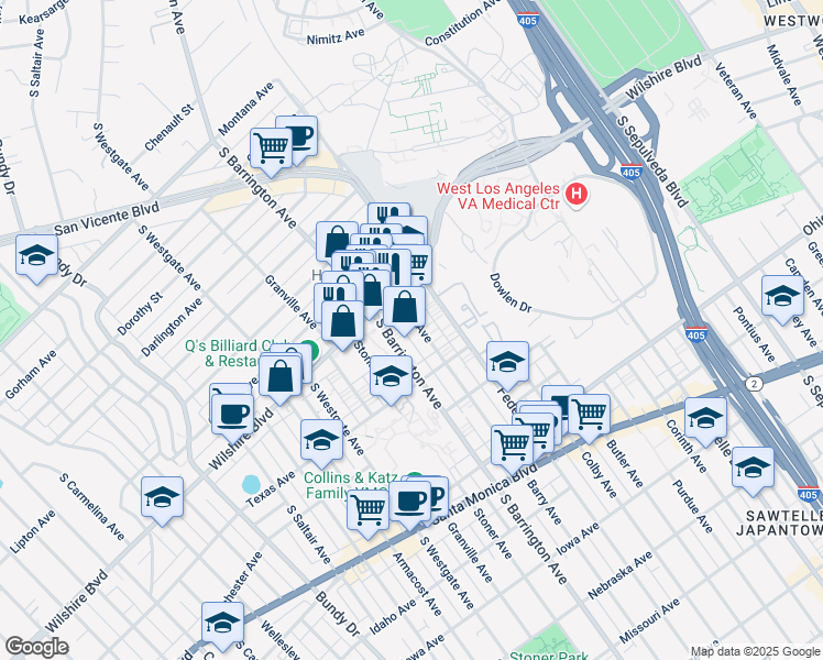 map of restaurants, bars, coffee shops, grocery stores, and more near 1242 South Barrington Avenue in Los Angeles