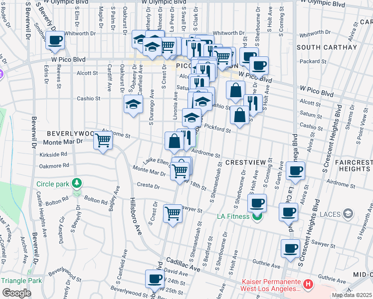map of restaurants, bars, coffee shops, grocery stores, and more near S Robertson Blvd & Airdrome St in Los Angeles