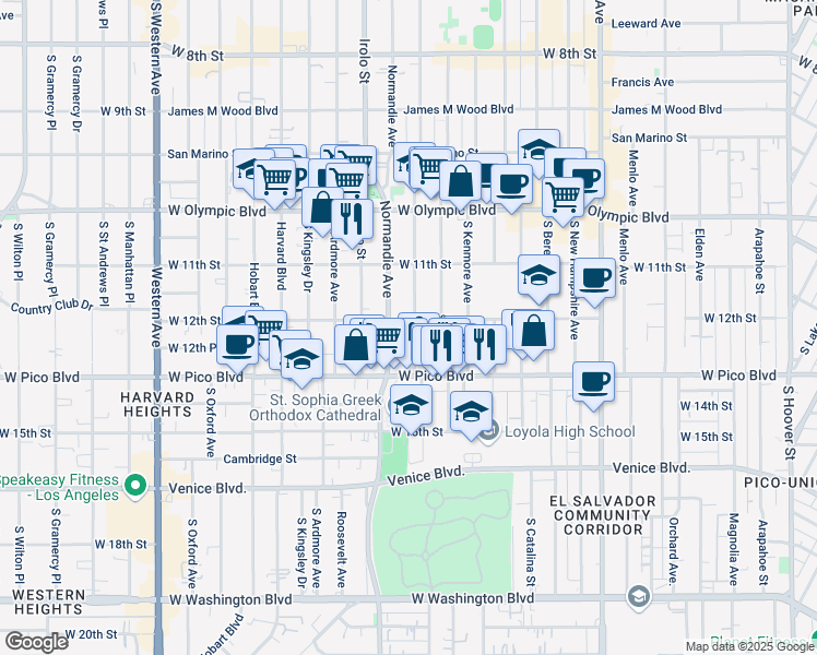 map of restaurants, bars, coffee shops, grocery stores, and more near 1223 South Mariposa Avenue in Los Angeles