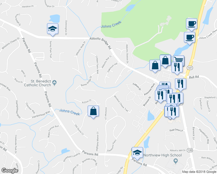 map of restaurants, bars, coffee shops, grocery stores, and more near 630 Oakmont Hill in Duluth