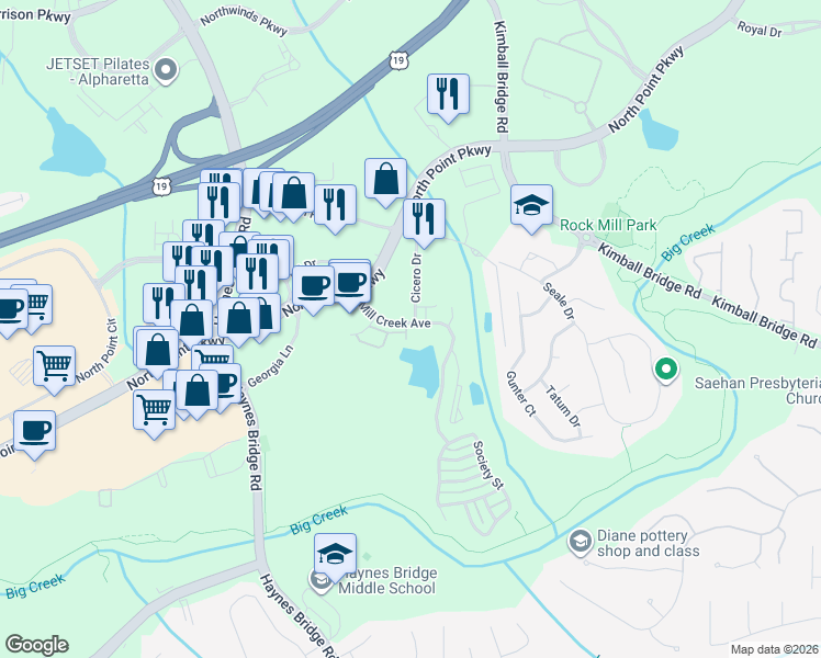 map of restaurants, bars, coffee shops, grocery stores, and more near 2772 Wander Lane in Alpharetta