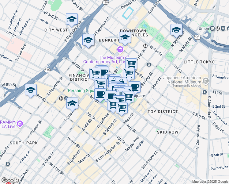 map of restaurants, bars, coffee shops, grocery stores, and more near 315 West 5th Street in Los Angeles