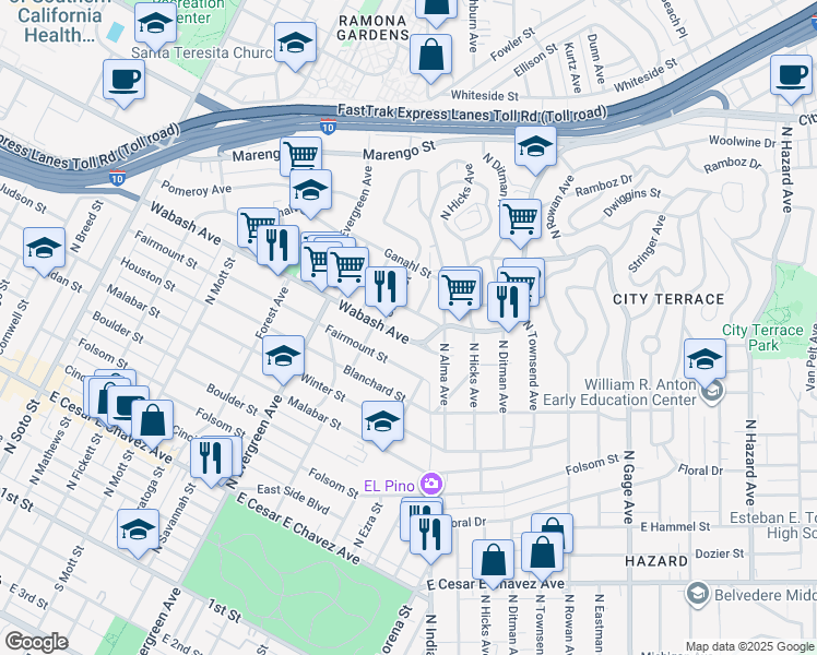 map of restaurants, bars, coffee shops, grocery stores, and more near 3127 Wabash Avenue in Los Angeles