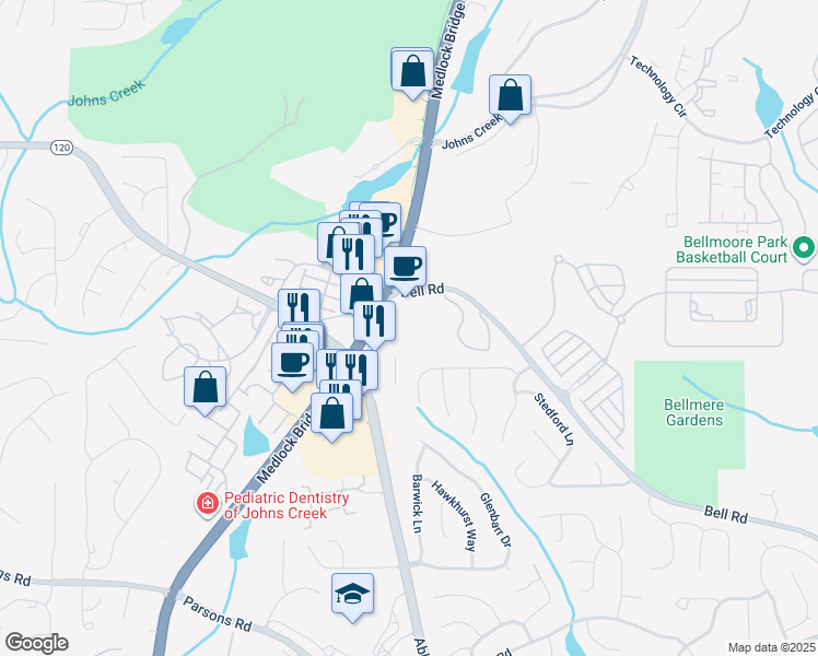 map of restaurants, bars, coffee shops, grocery stores, and more near in Johns Creek