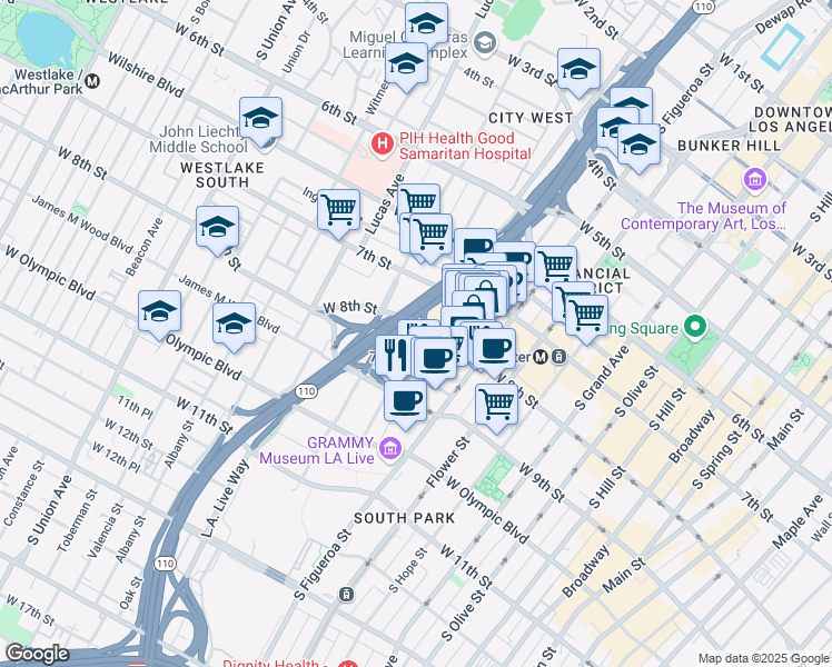 map of restaurants, bars, coffee shops, grocery stores, and more near 801 Francisco Street in Los Angeles